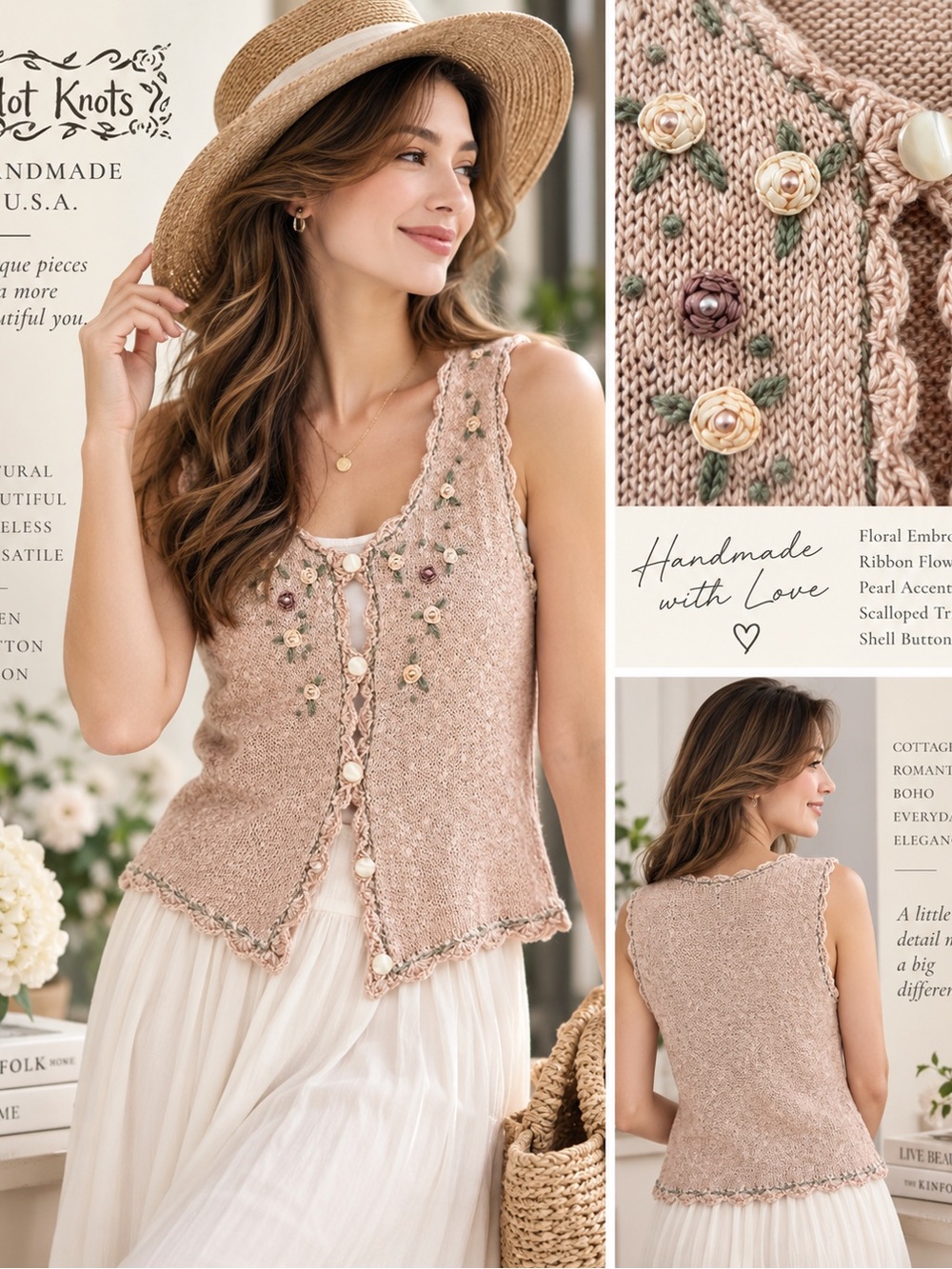 Hot Knots Handmade USA Floral Embroidered Linen Knit Vest M/L